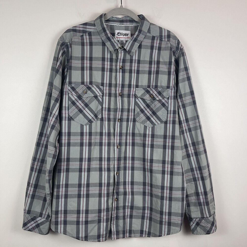 Plugg Mens Button Up Shirt XL Green Gray Long Sleeve Plaid Chest‎ Flap Pockets